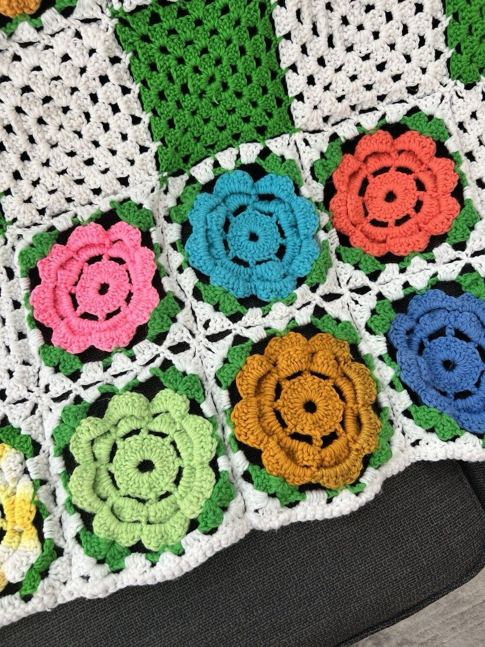 Handcrafted Colorful Granny Square Crochet Afghan Grandma Flower Roseanne Chic - Picture 2 of 5